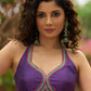 Stylish violet cotton silk halter neck blouse with multicolor bead embroidery