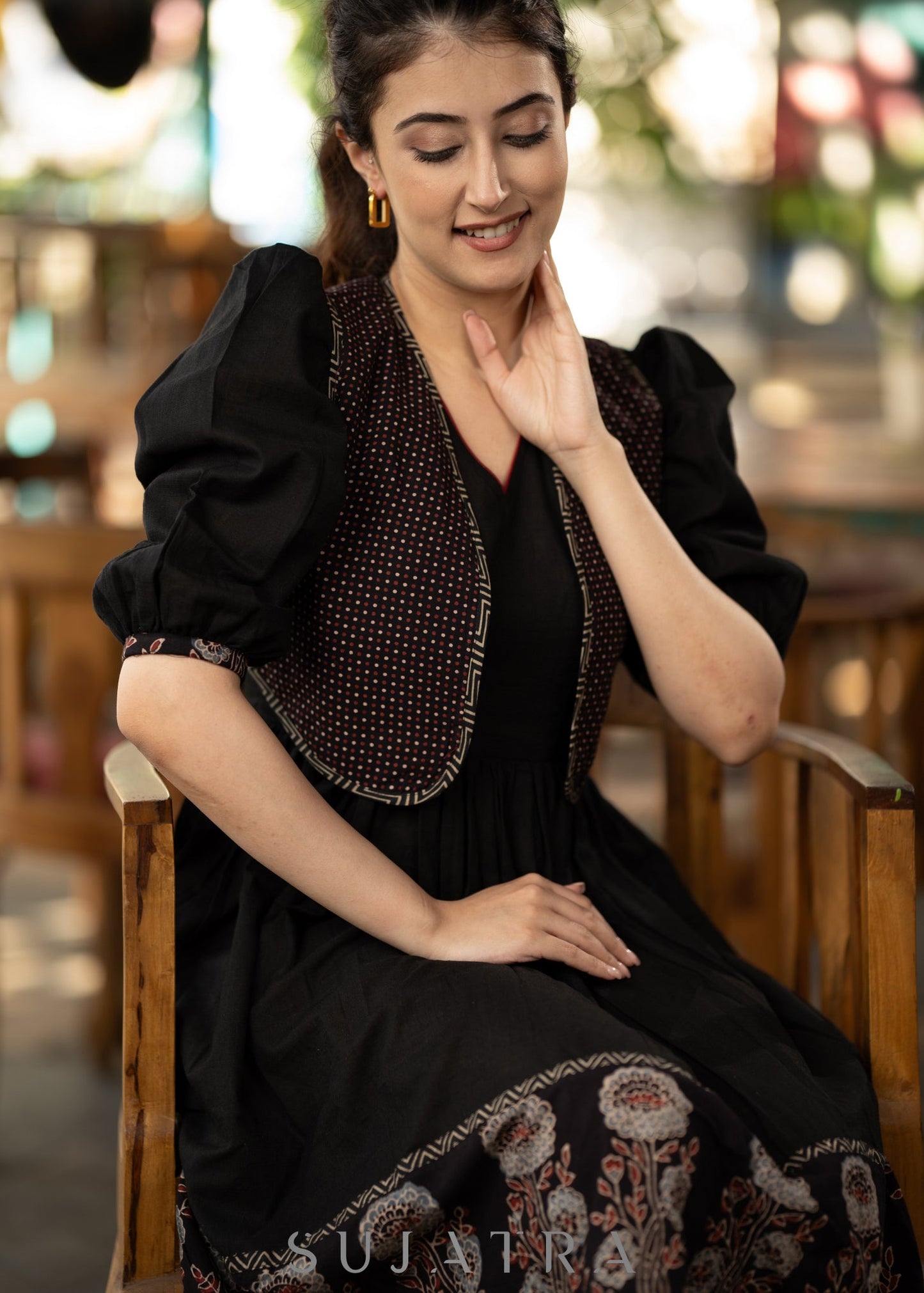 Elegant black cotton ajrakh gathered dress with matching short ajrakh shrug