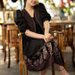Elegant black cotton ajrakh gathered dress with matching short ajrakh shrug