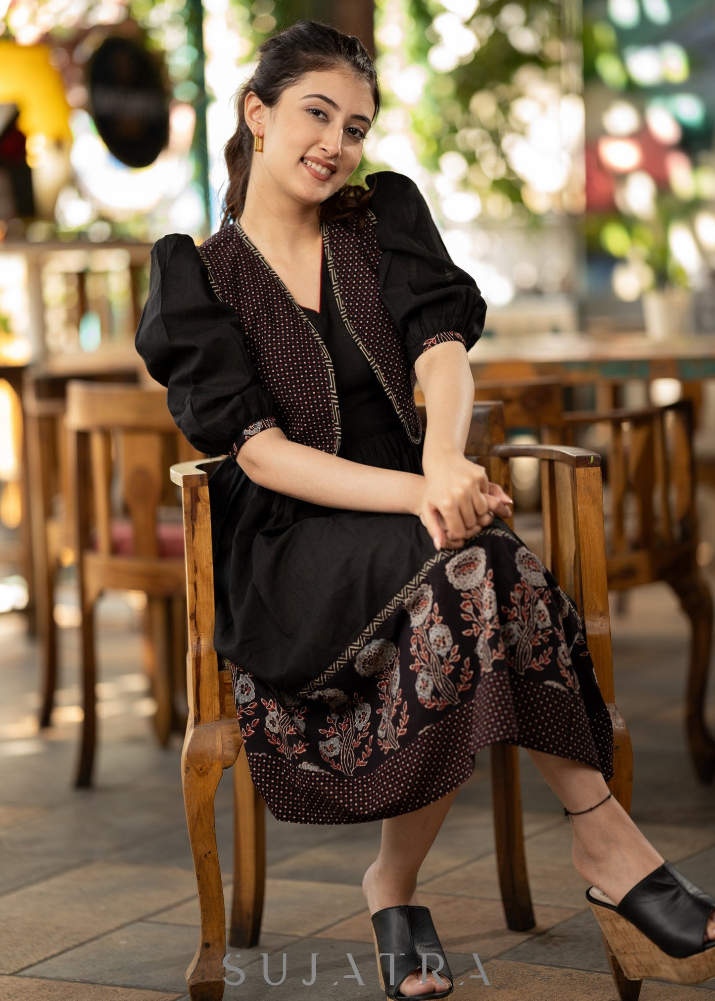 Elegant black cotton ajrakh gathered dress with matching short ajrakh shrug