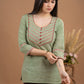 Elegant Rustic Green Pure Cotton Embroidered Top