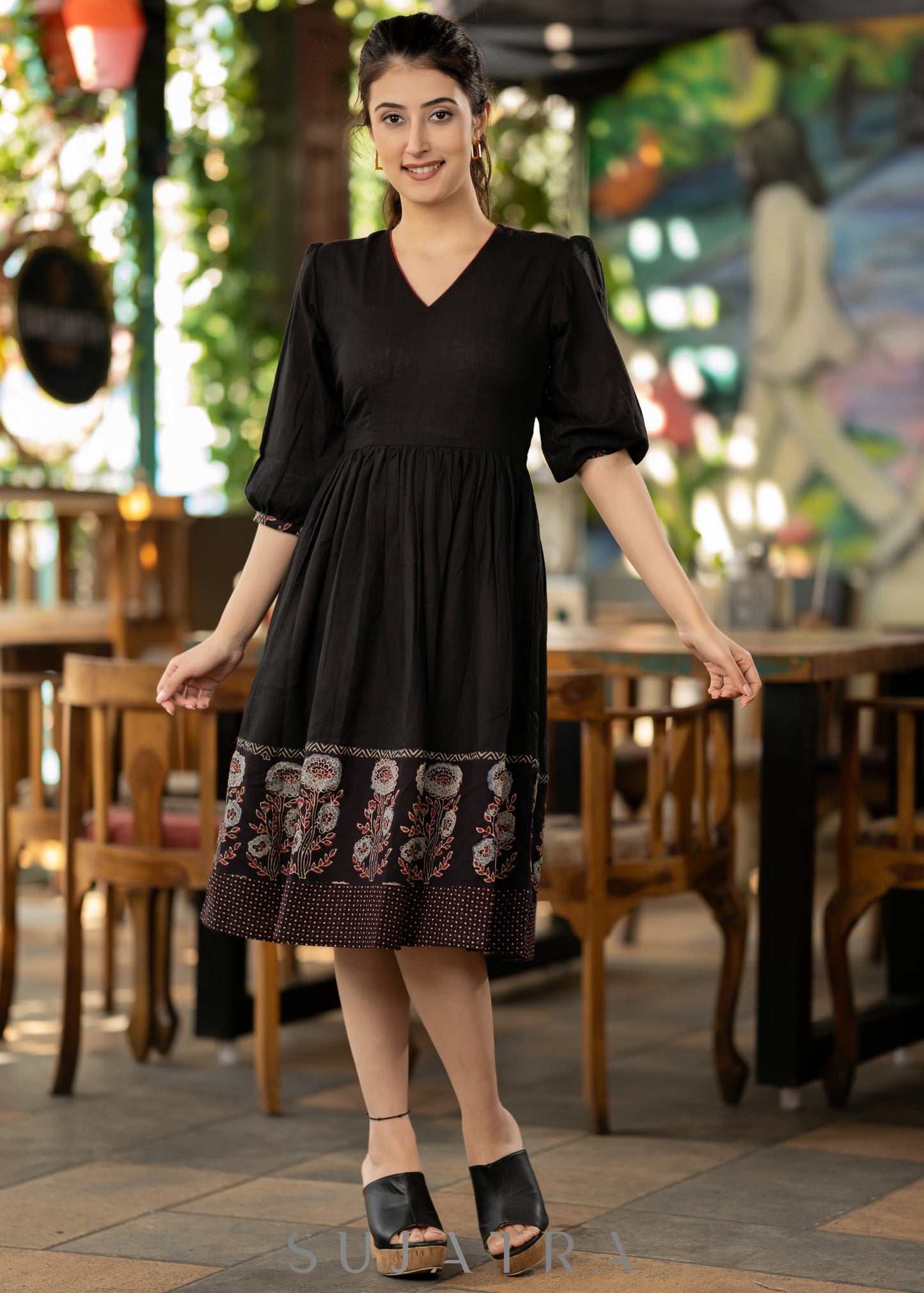 Elegant black cotton ajrakh gathered dress with matching short ajrakh shrug