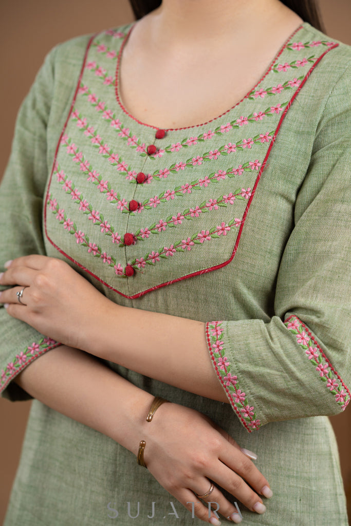Elegant Rustic Green Pure Cotton Embroidered Top