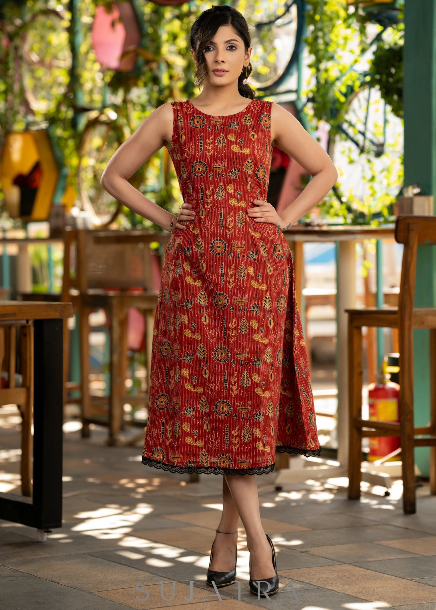 Stlyish red cotton kantha printed dress with black hakoba shrug