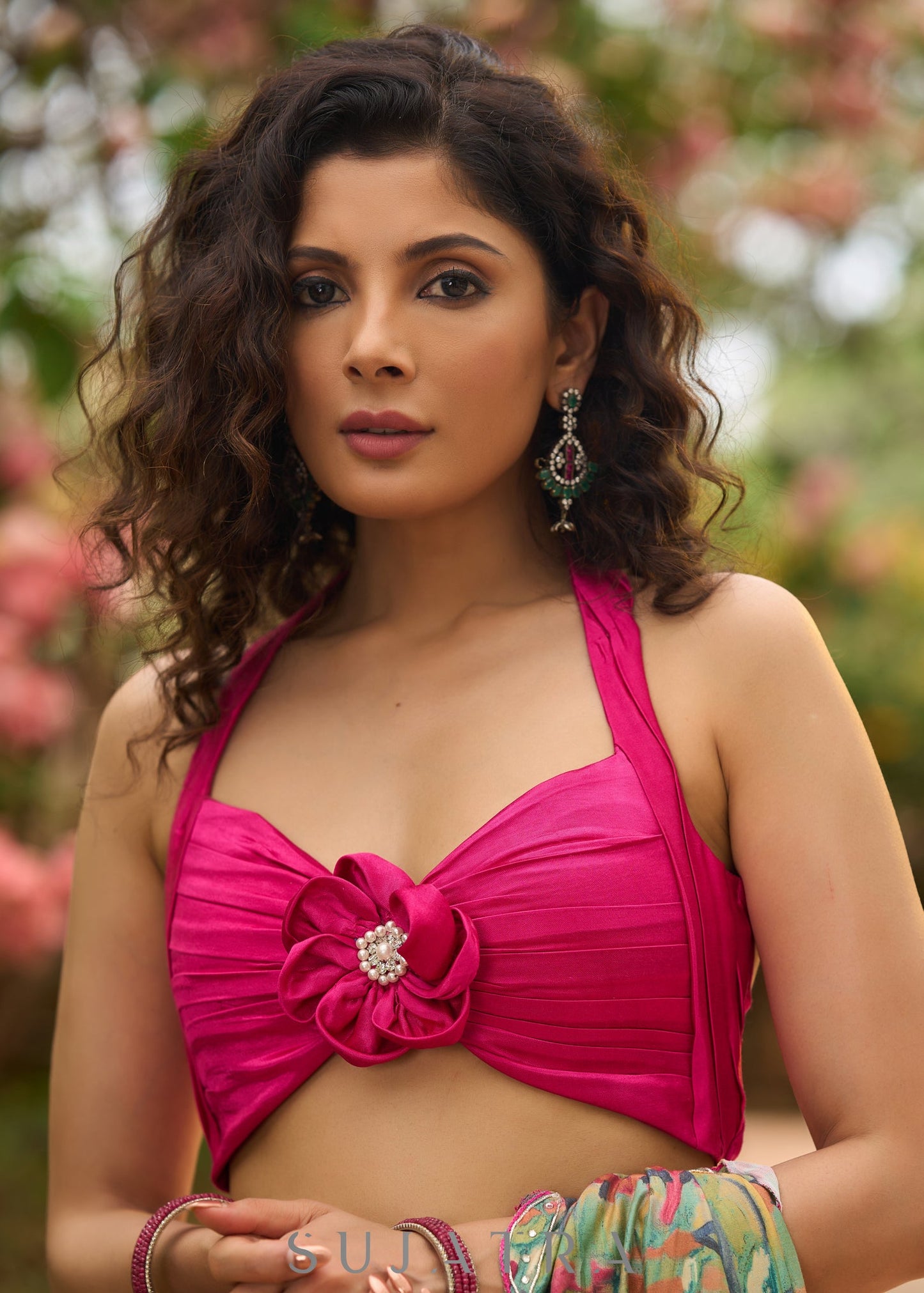 Graceful Hot pink satin halter neck blouse with attached floral brouche