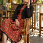 Stlyish red cotton kantha printed dress with black hakoba shrug