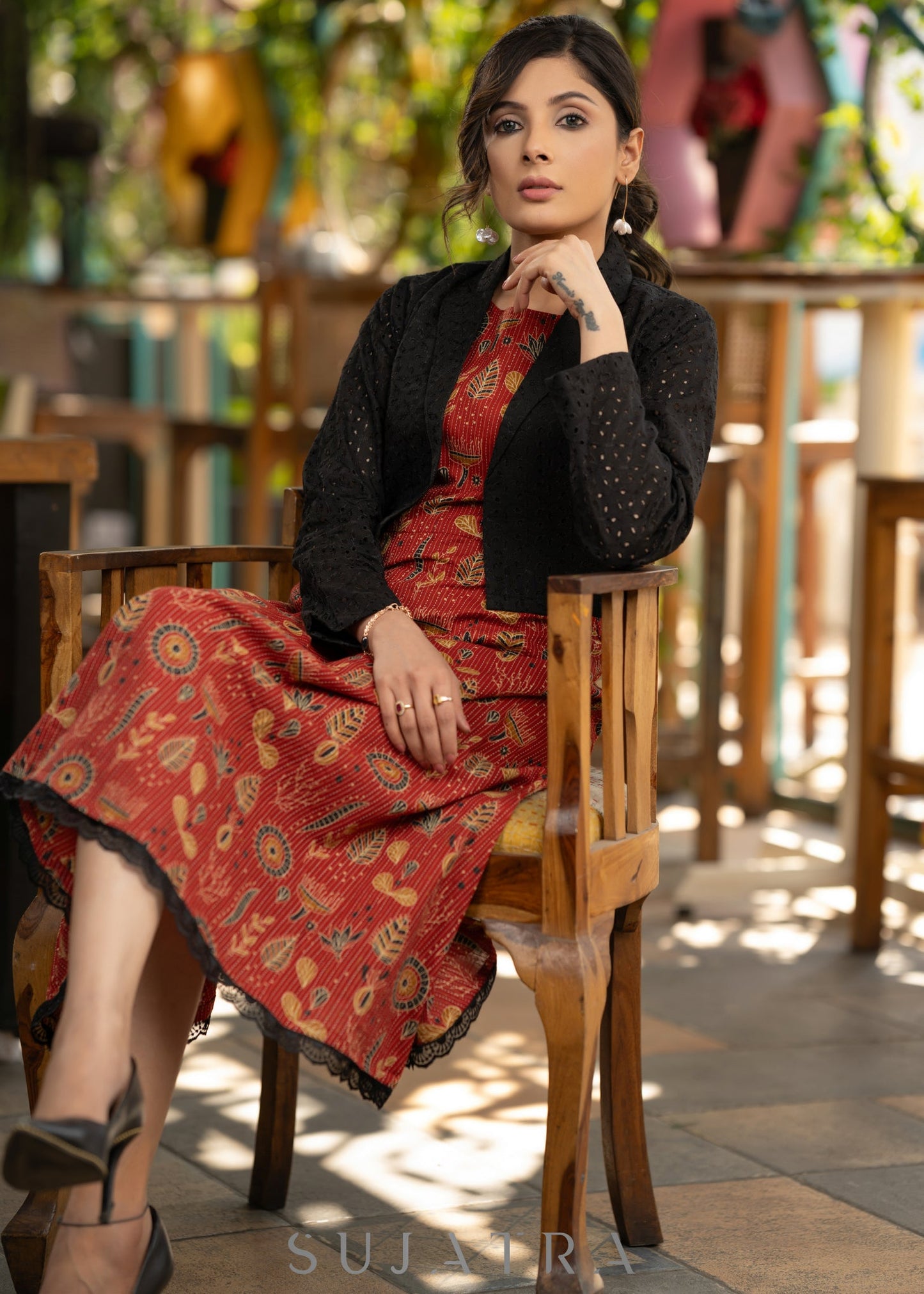 Stlyish red cotton kantha printed dress with black hakoba shrug