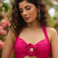 Graceful Hot pink satin halter neck blouse with attached floral brouche