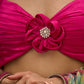 Graceful Hot pink satin halter neck blouse with attached floral brouche
