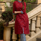 Comfortable maroon cotton kurta with stylish indigo highlights - Indigo pants Optional