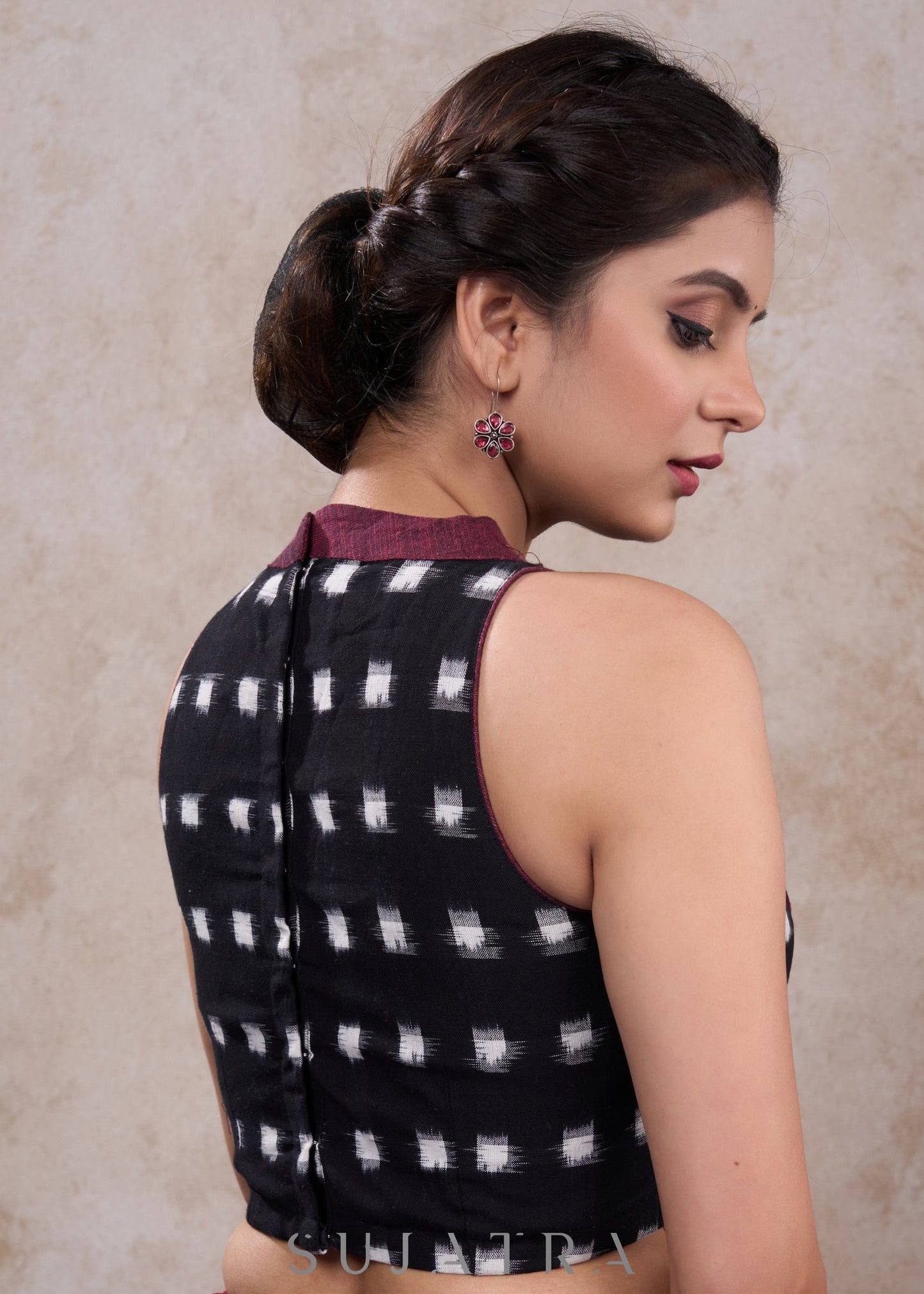 Stylish black cotton ikat high neck blouse