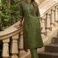 Sophisticated hand-embroidered olive green cotton kurta - Pants Optional