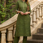 Sophisticated hand-embroidered olive green cotton kurta - Pants Optional
