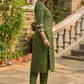 Sophisticated hand-embroidered olive green cotton kurta - Pants Optional
