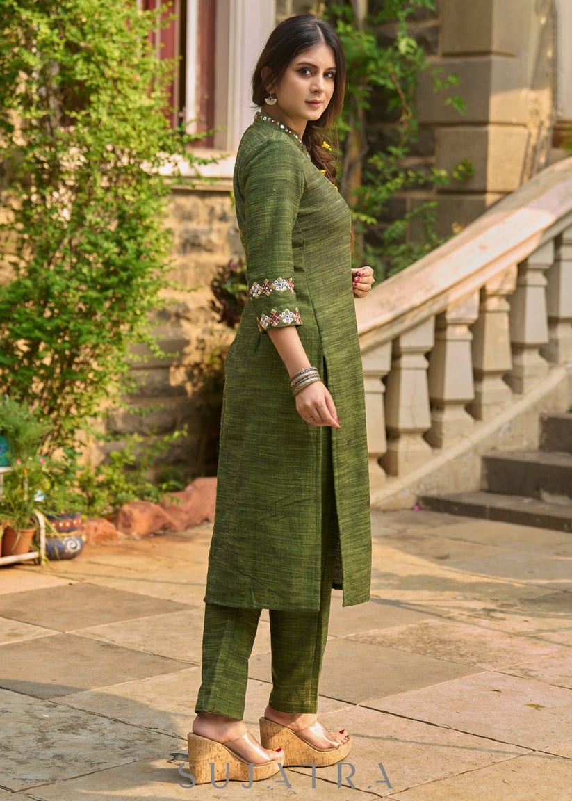 Olive Green Cotton Kurti with Embroidered Yoke & Sleeves – Premium Ethnic Wear (Medium - 2XL)