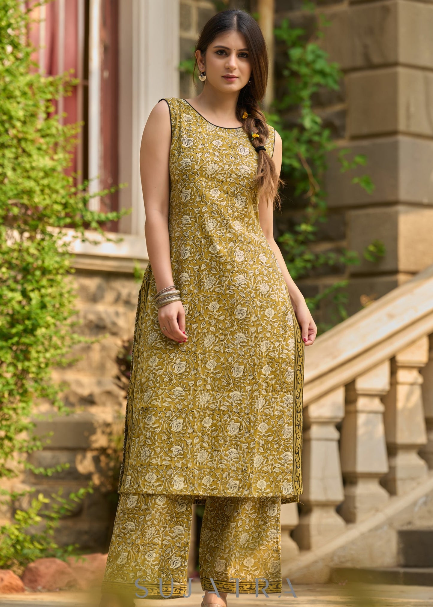 Stylish mustard Ajrakh block printed cotton kurta with matching pants (Sleeves Provided) - Hakoba Jacket optional
