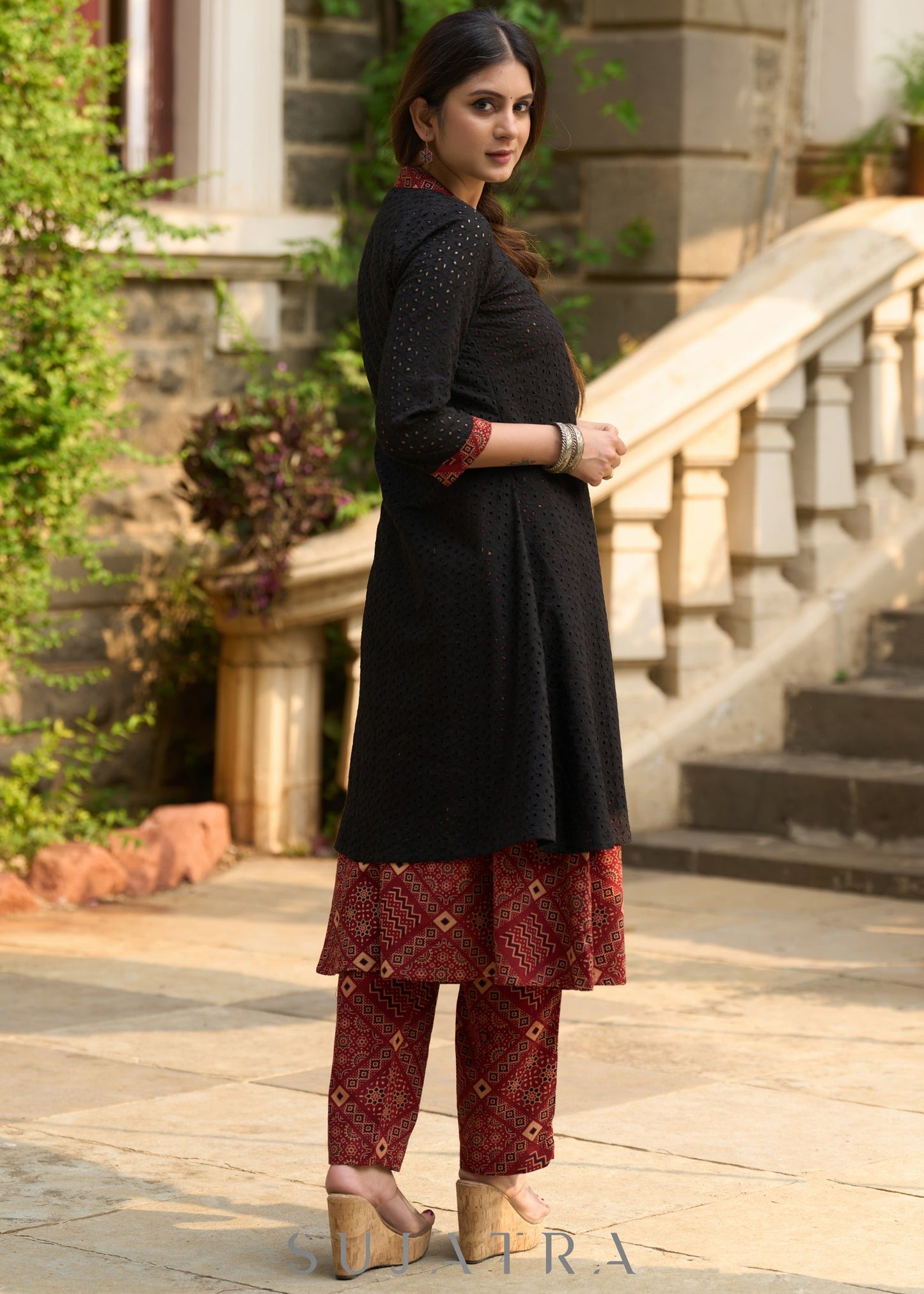 Elegant black hakoba & ajrakh jacket-style kurta - Ajrakh pants Optional