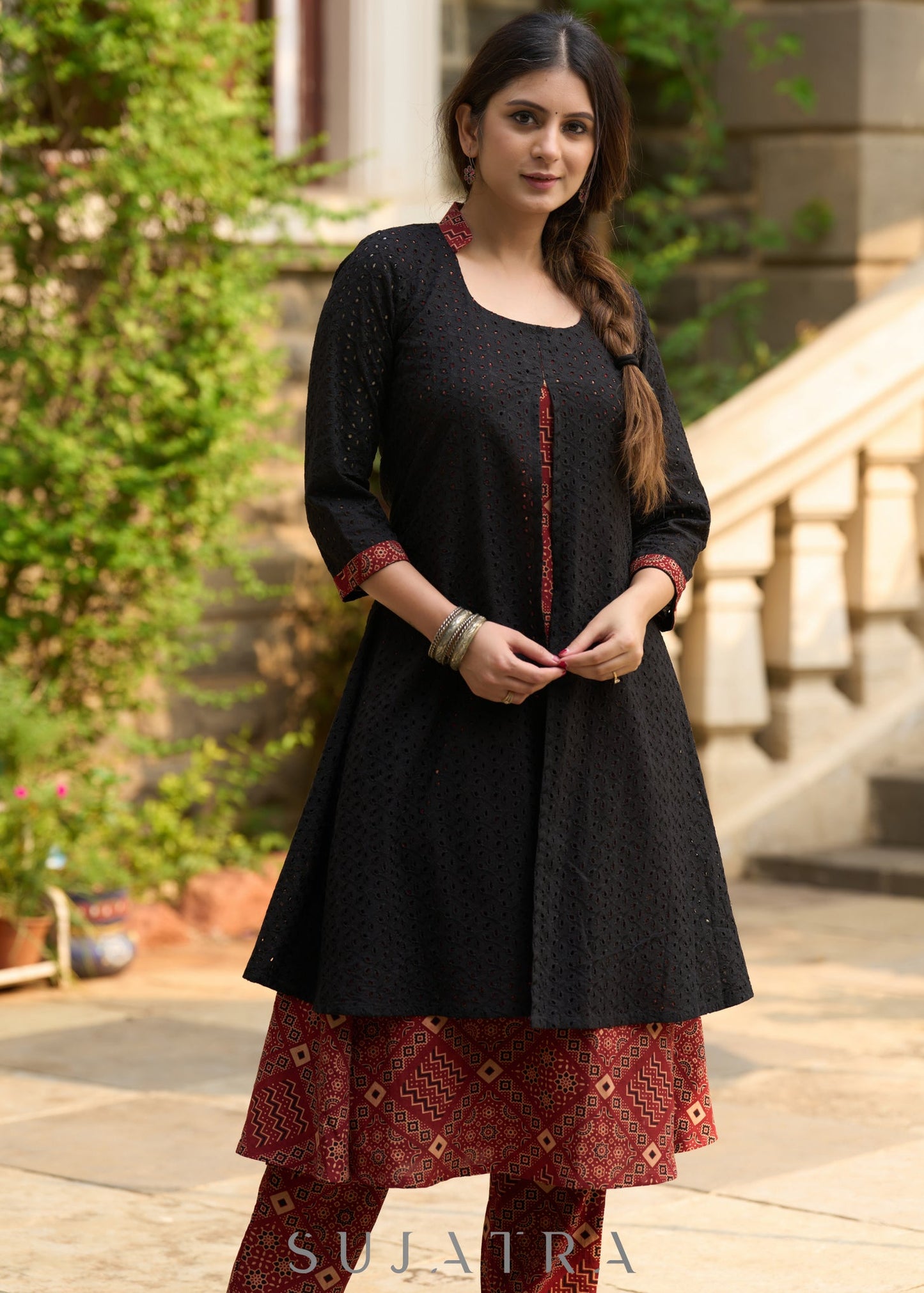 Elegant black hakoba & ajrakh jacket-style kurta - Ajrakh pants Optional