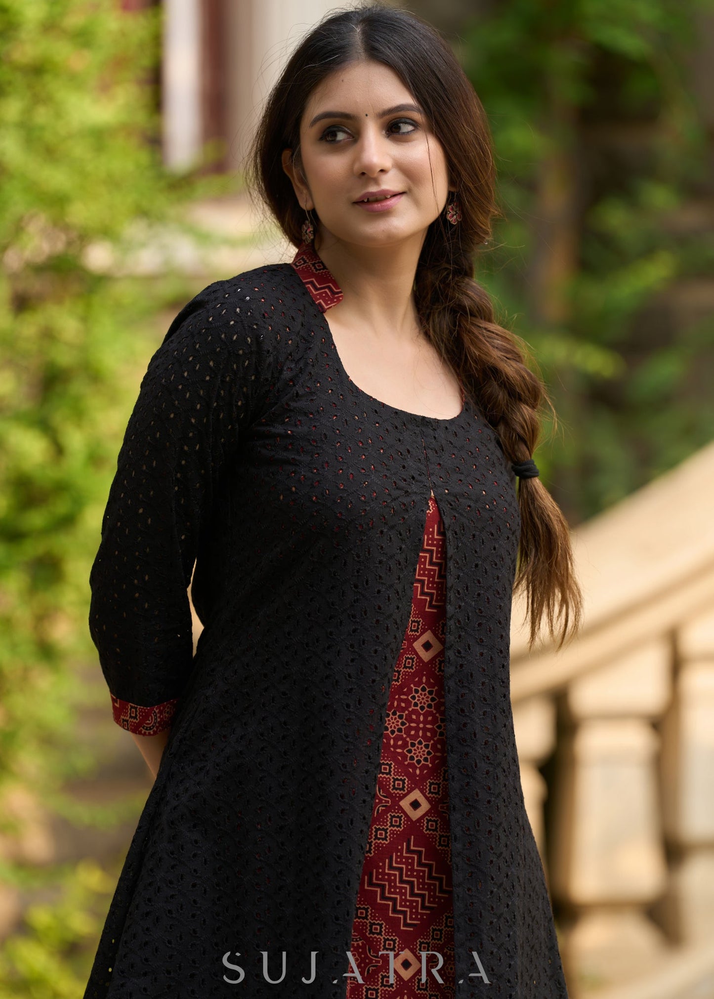 Elegant black hakoba & ajrakh jacket-style kurta - Ajrakh pants Optional