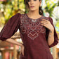 Exclusive wine cotton dress with beautiful embroidery on the yoke