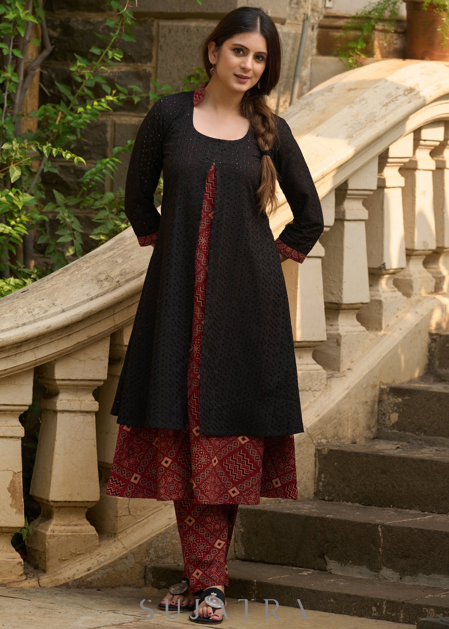 Elegant black hakoba & ajrakh jacket-style kurta - Ajrakh pants Optional