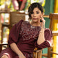 Exclusive wine cotton dress with beautiful embroidery on the yoke