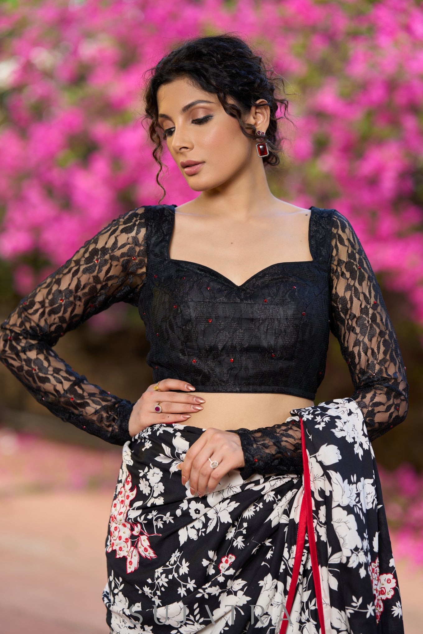 Trendy black net full sleeve blouse highlighted with red stones – SujatraCA