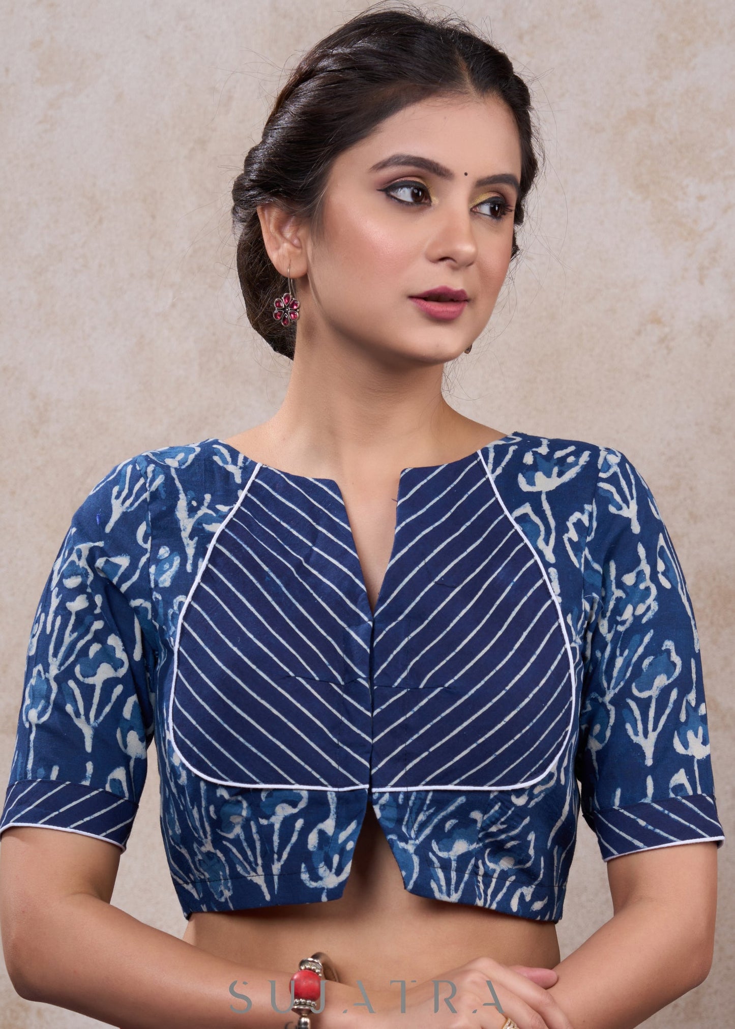 Trendy floral indigo combination blouse