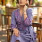 Elegant lilac cotton overlap dress highlighted with contrast embroidery