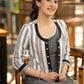 Elegant grey dress with striped ikat jacket