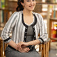 Elegant grey dress with striped ikat jacket