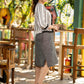 Elegant grey dress with striped ikat jacket