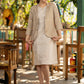 Beige blazer with striped dress
