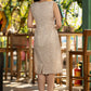 Beige blazer with striped dress