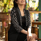 Black dress with striped front open jacket
