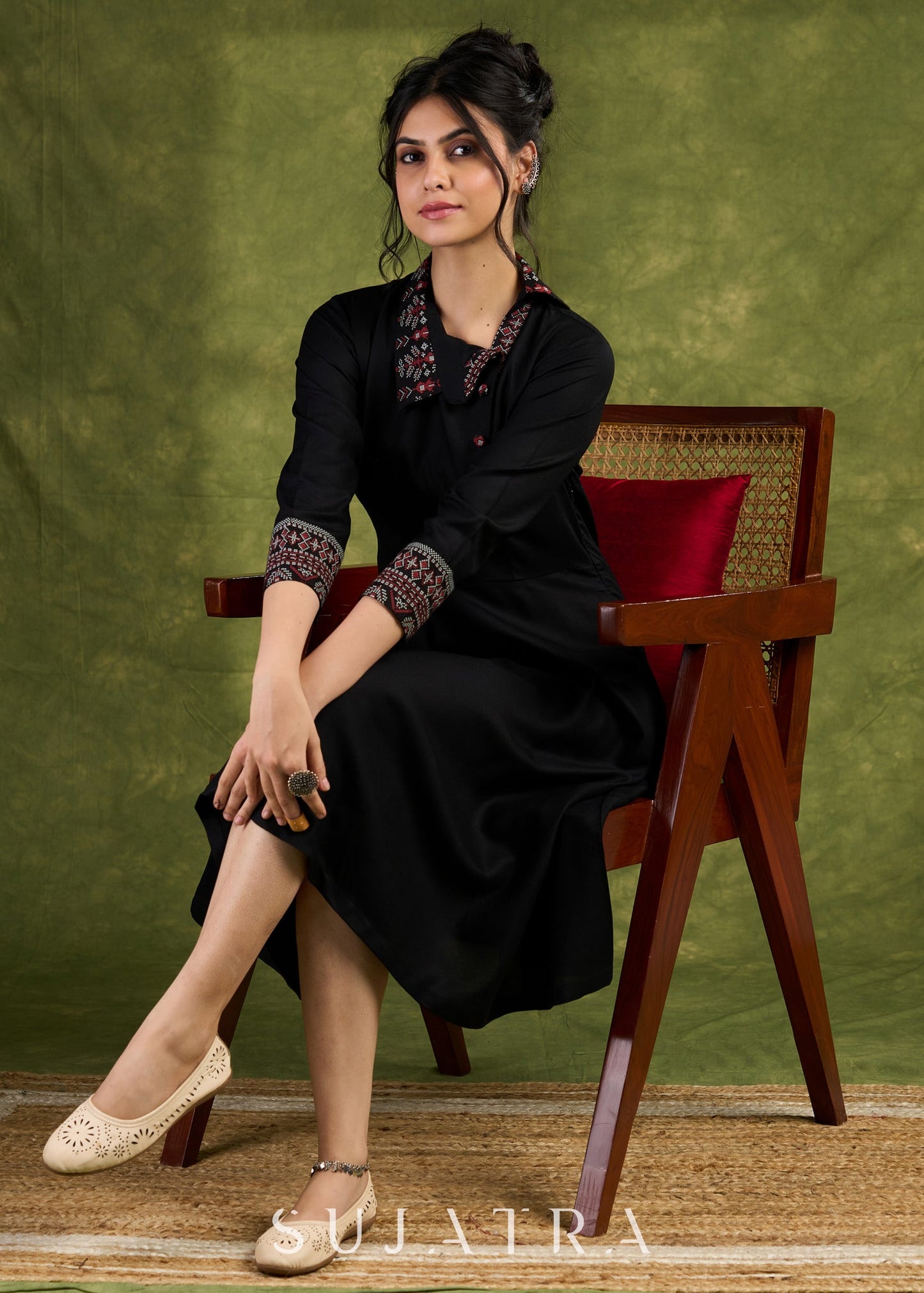 Black Collared Dress. Sophisticated Black Rayon Dress With Printed Col