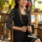 Black dress with striped front open jacket