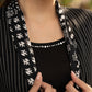 Black dress with striped front open jacket