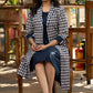 Stylish navy blue cotton dress with matching checkered long shrug