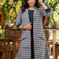 Stylish navy blue cotton dress with matching checkered long shrug