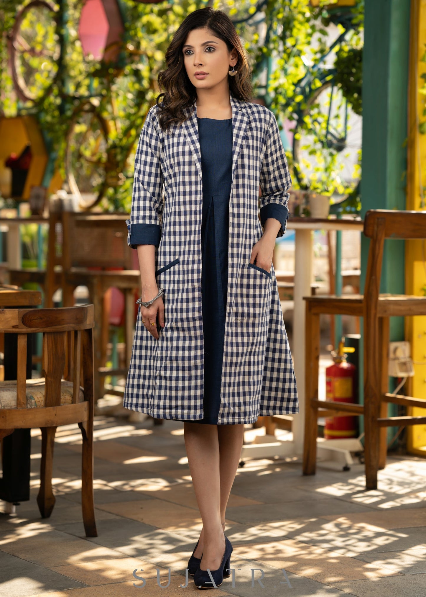 Stylish navy blue cotton dress with matching checkered long shrug