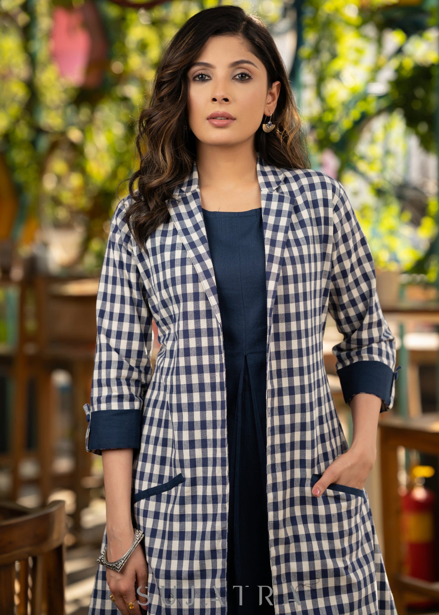 Stylish navy blue cotton dress with matching checkered long shrug