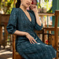 Trendy teal cotton ikat overlap dress