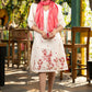 Beautiful ivory cotton dress with floral embroidery paired with matching shibori stole