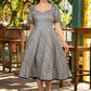 Stylish navy blue striped rayon flared dress paired with matching stole