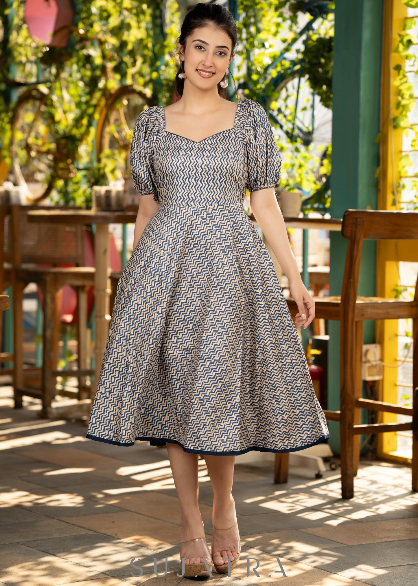 Stylish navy blue striped rayon flared dress paired with matching stole