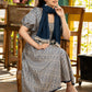 Stylish navy blue striped rayon flared dress paired with matching stole