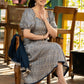 Stylish navy blue striped rayon flared dress paired with matching stole