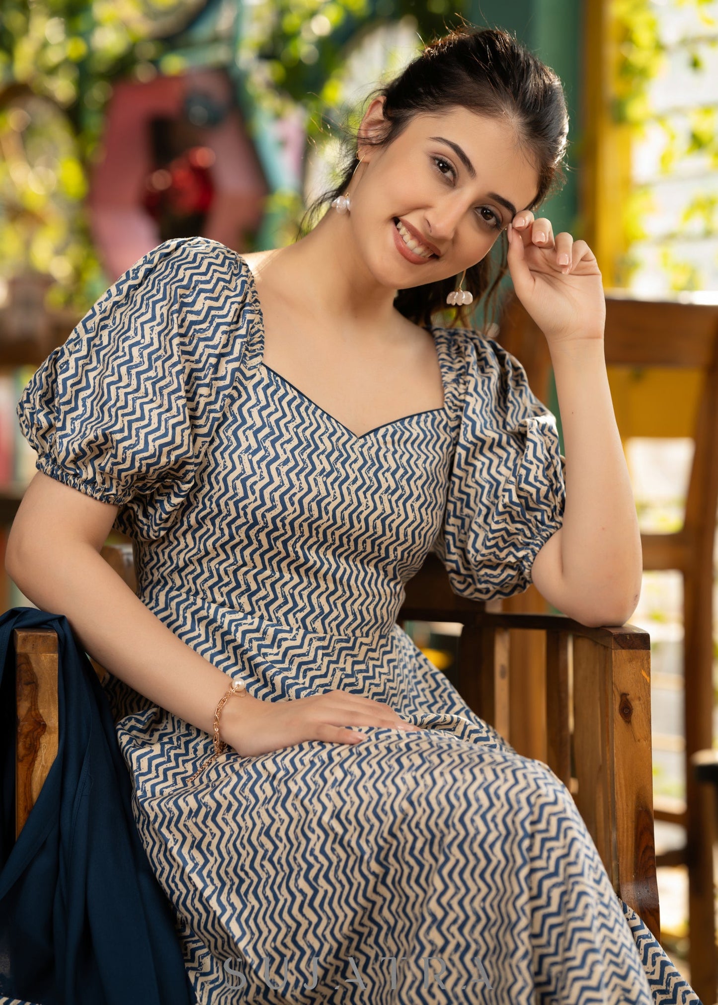 Stylish navy blue striped rayon flared dress paired with matching stole