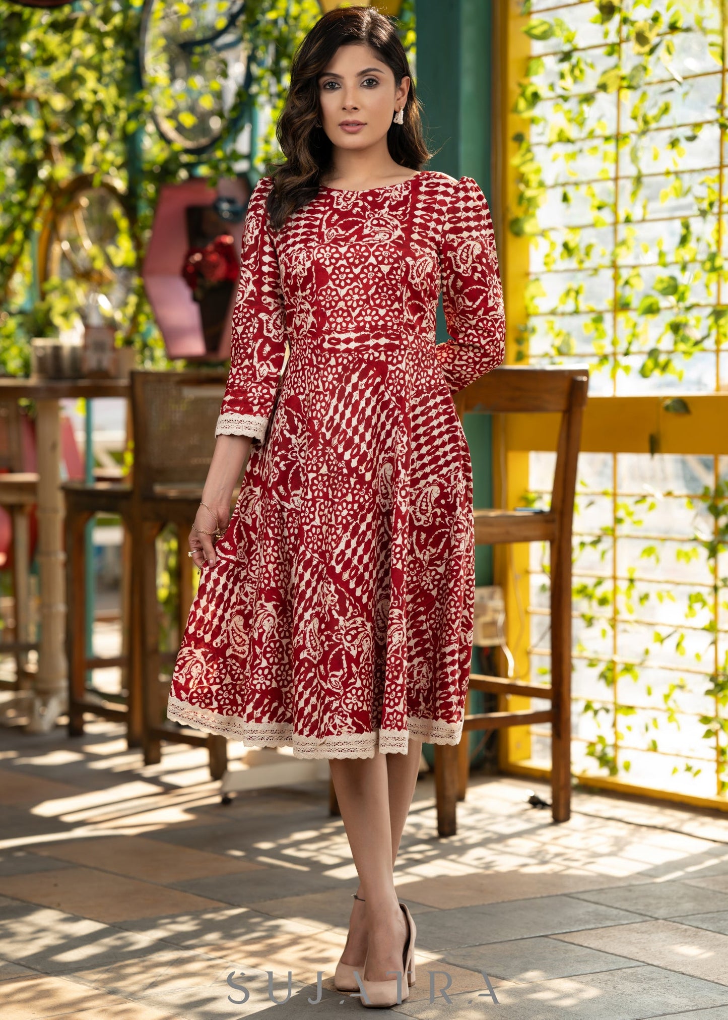 Trendy red printed rayon flared dress with contrast stole
